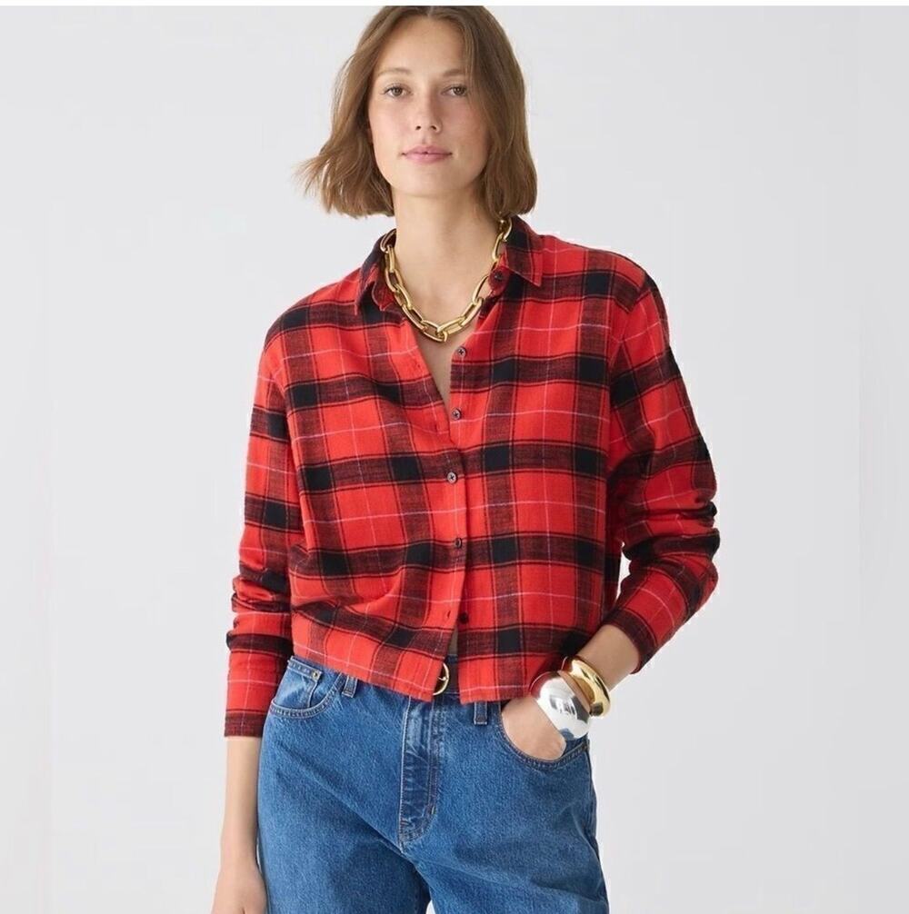 J. Crew Cropped Garçon Plaid Flannel Shirt SZ 6